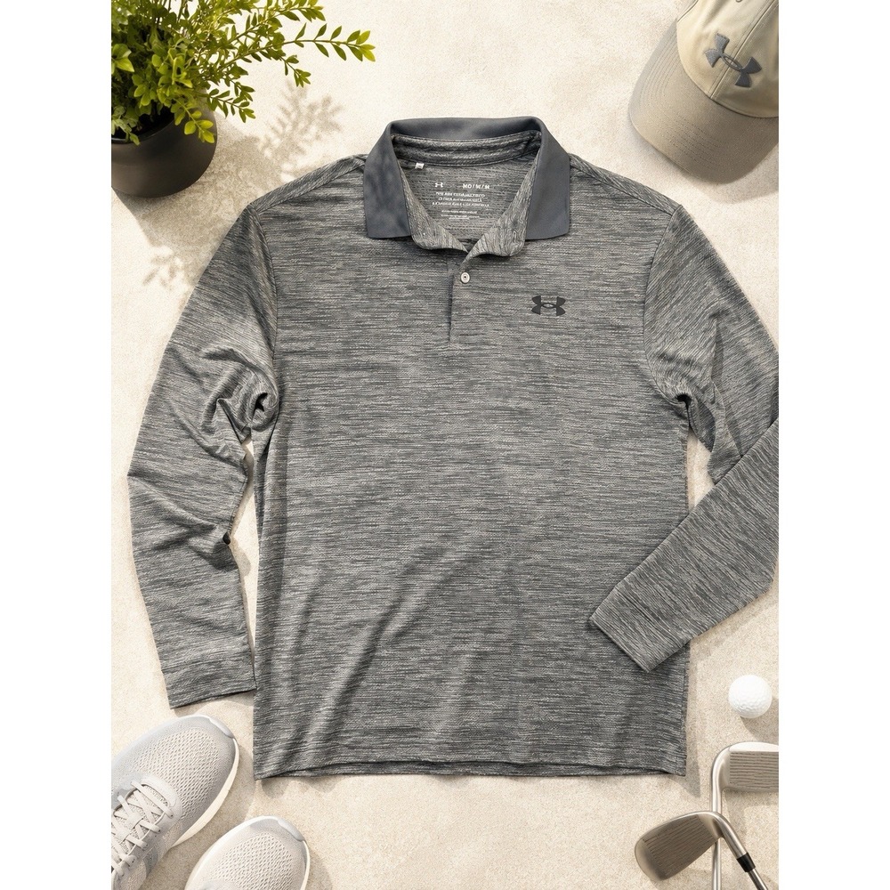 Under Armour Performance Polo Mens Medium Gray Long Sleeve Loose Fit Golf - Picture 2 of 8